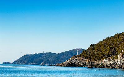 Scenic view of sea against clear blue sky