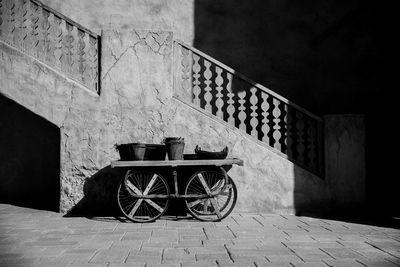 Bicycle against wall in building