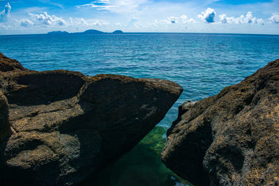 Scenic view of rocks on beach against sky