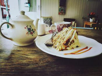 High angle view of food in plate on table