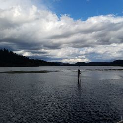 Scenic view of lake against cloudy sky