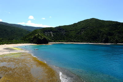 Scenic view of sea against clear blue sky
