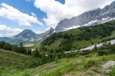 Scenic view of mountains against cloudy sky