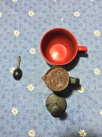 High angle view of tea cup on table