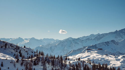 Panoramic view of snowcapped mountains against clear blue sky