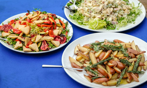 High angle view of food in plate on table