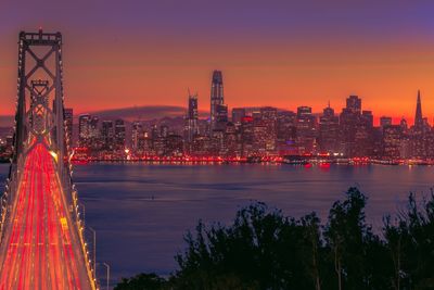 Illuminated city at waterfront during sunset