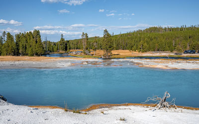 Scenic view of hotspring by geothermal landscape at famous yellowstone park