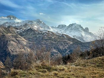 Scenic view of snowcapped mountains against sky