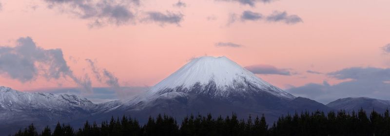 Scenic view of snowcapped mountains against sky during sunset