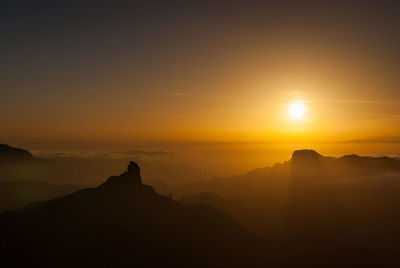 Scenic view of silhouette mountains against orange sky