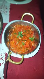 High angle view of soup in bowl on table