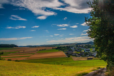 Scenic view of agricultural field against sky