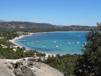 Sailboats in sea against clear blue sky