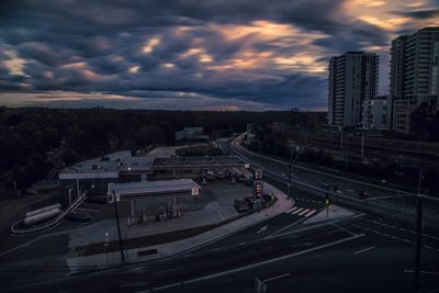 High angle view of highway in city during sunset