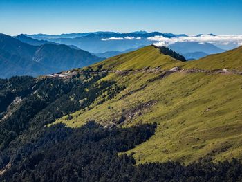 Scenic view of landscape and mountains against sky