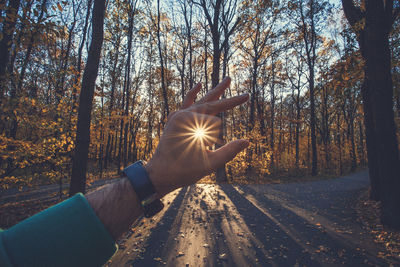 Optical illusion of man holding sun in forest