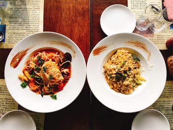 High angle view of meal served on table