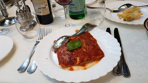 High angle view of food in plate on table