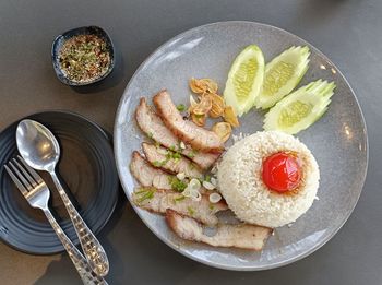 High angle view of food in plate on table