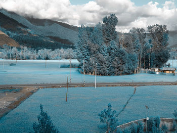 Scenic view of snow covered land against sky