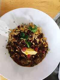 High angle view of food in plate on table