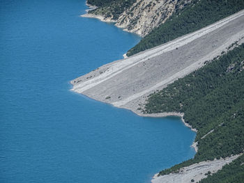 High angle view of beach against blue sky