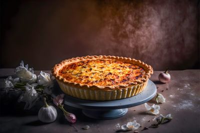 Gourmet quiche lorraine with bacon, cheese, and egg custard filling