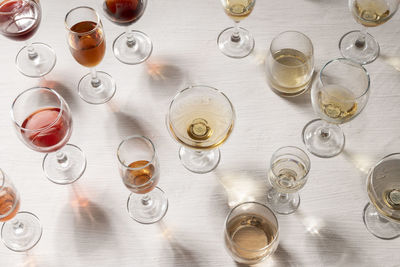 High angle view of bottles on table