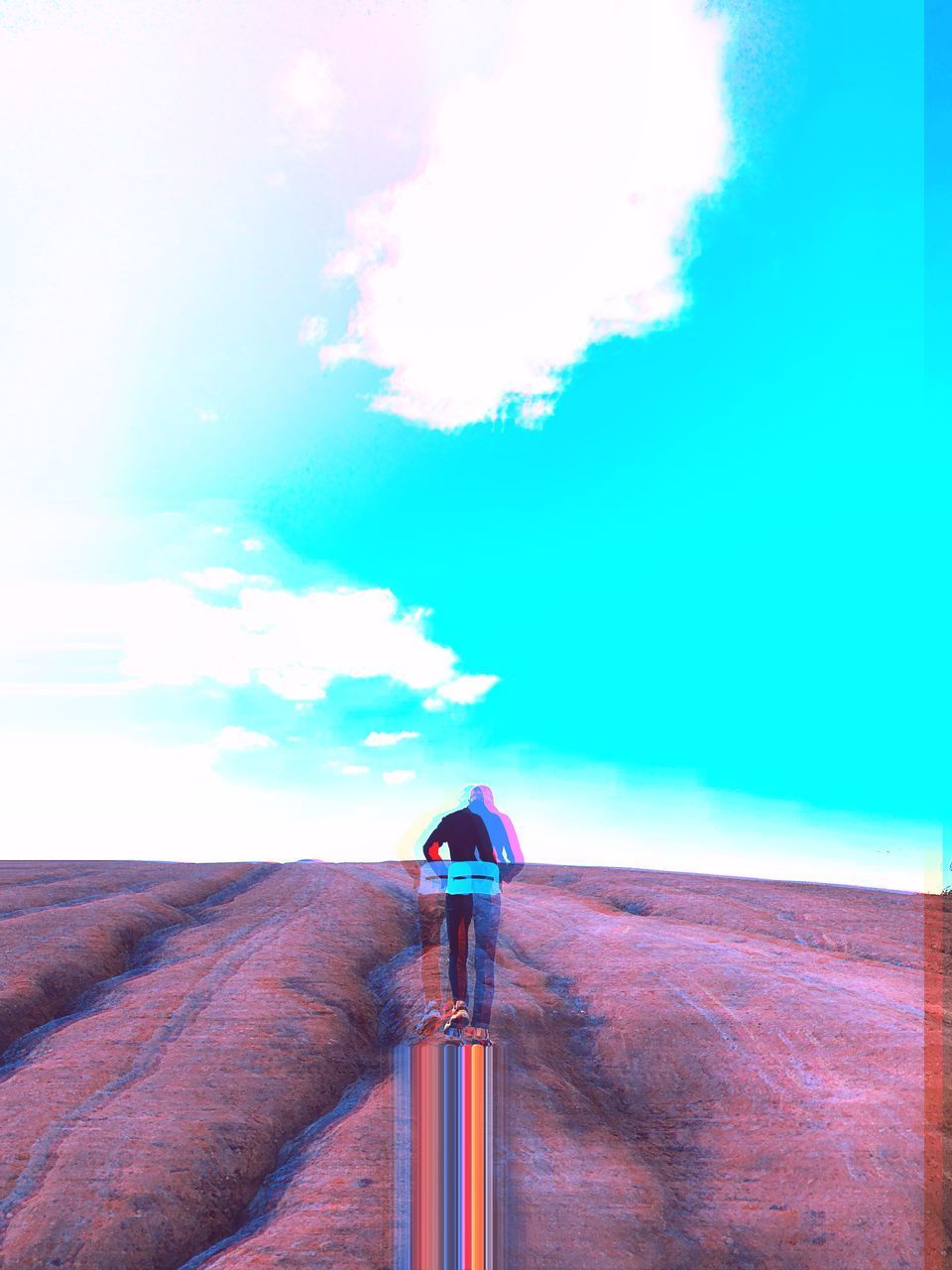 REAR VIEW OF PERSON STANDING ON LANDSCAPE AGAINST CLOUDY SKY