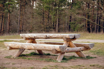 Wooden bench on field in forest