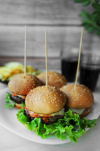 Close-up of burger in plate on table