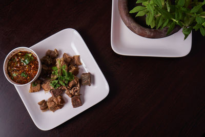 High angle view of food in plate on table