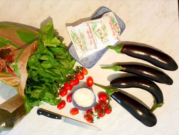 High angle view of chopped vegetables on cutting board