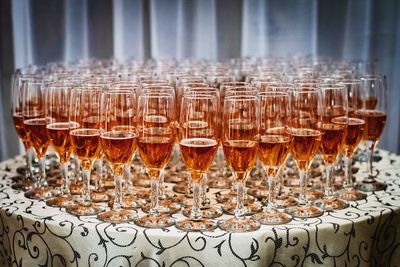 Close-up of wine glasses on table