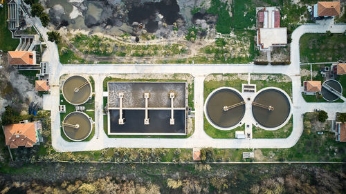 Sewage water treatment plant. water purification plant top down aerial view. ater recycling facility
