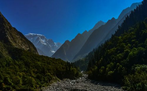 Scenic view of mountains against clear blue sky