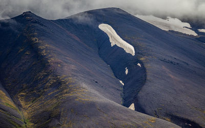 Scenic view of dark volcanic mountains with remnants of snow during a brief icelandic summer