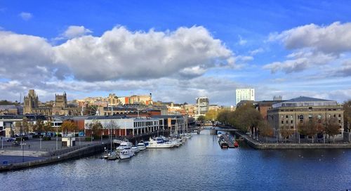 Panoramic view of river and buildings against sky