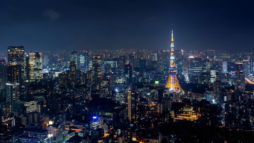 High angle view of illuminated cityscape at night