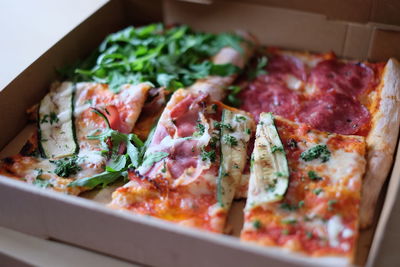 Close-up of pizza slices in box