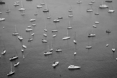 High angle view of boats moored in sea