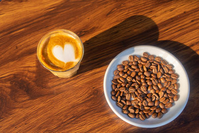 High angle view of coffee beans on table