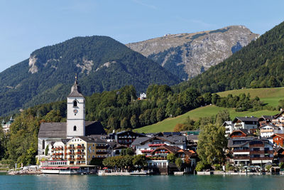 Scenic view of buildings and mountains against sky