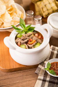 Close-up of soup in bowl on table