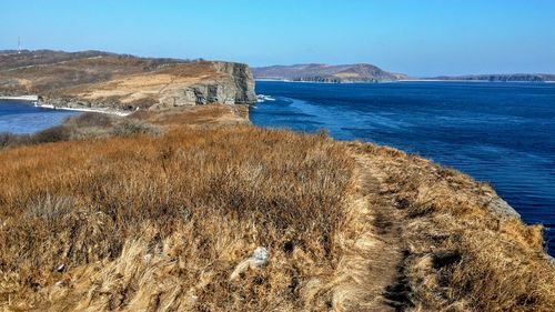 Scenic view of sea against clear sky