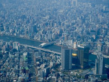 High angle view of modern buildings in city