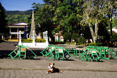 Tables and chairs at outdoor cafe in city