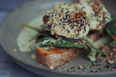 Close-up of sandwich served in plate