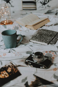 High angle view of coffee cup on table